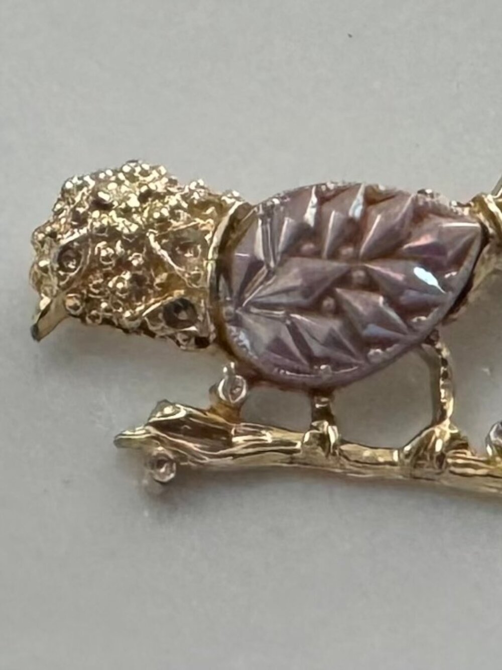 Vintage Gold Tone Bird Brooch Lavender Carved Body Rhinestone Pin